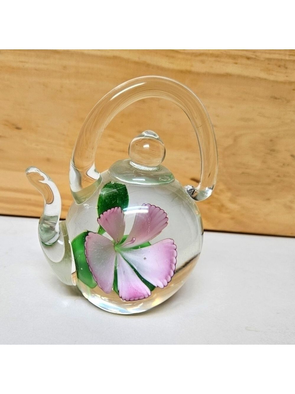 Glass Art Mini Teapot with Interior Flower Paperweight